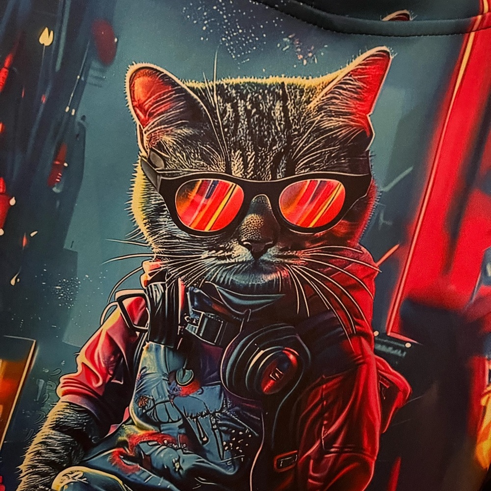 Stylish Cat Print Kids Hoodie,Blue and Red - Picture 2 of 3